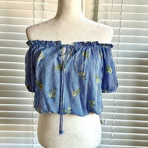 Haute Project Medium Blue Stripe Off Shoulder Blouse Crop Top BOHO Puffy Sleeve